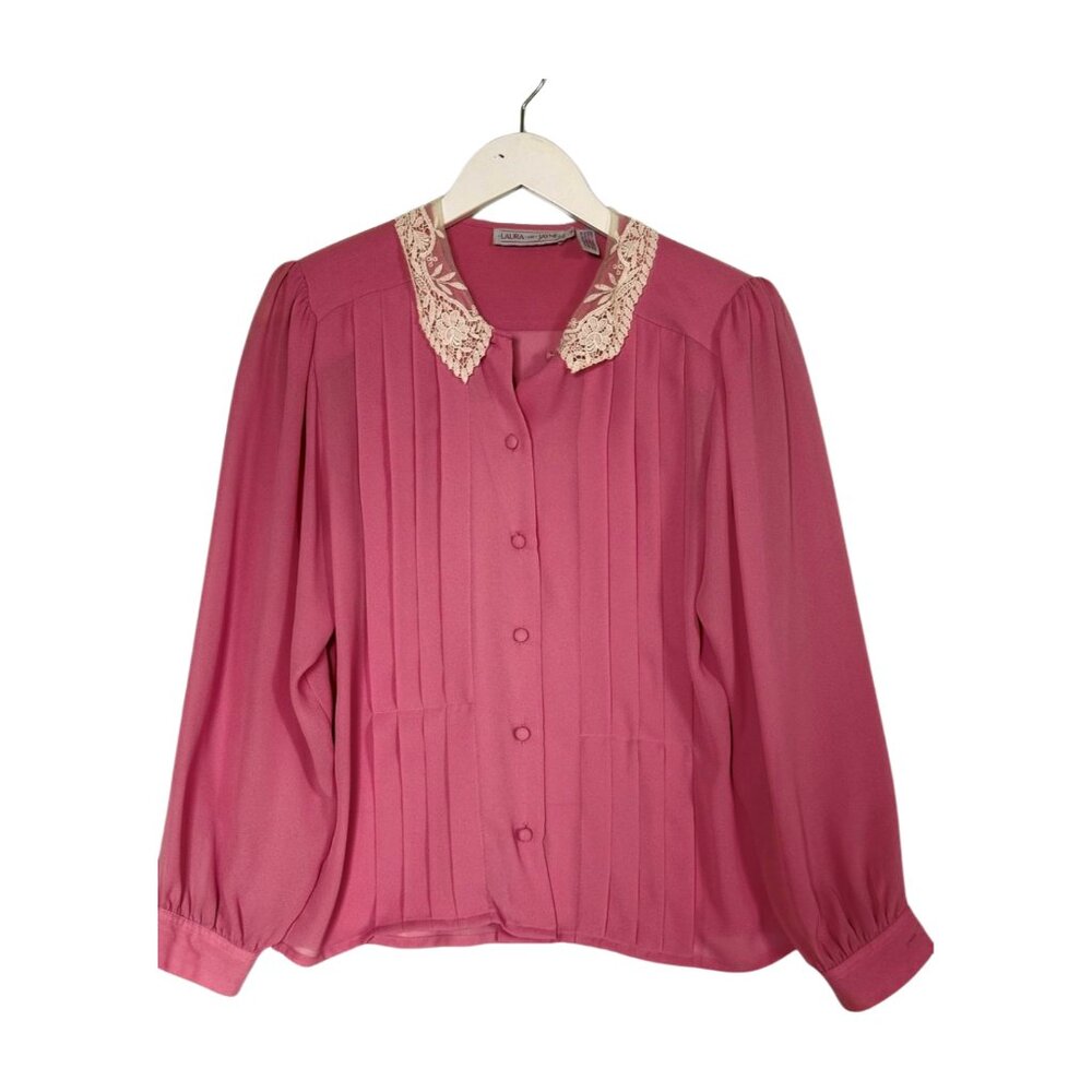 Vintage 1980s Laura & Jayne Pink Pleated Blouse w/ Lace Collar | Cottagecore